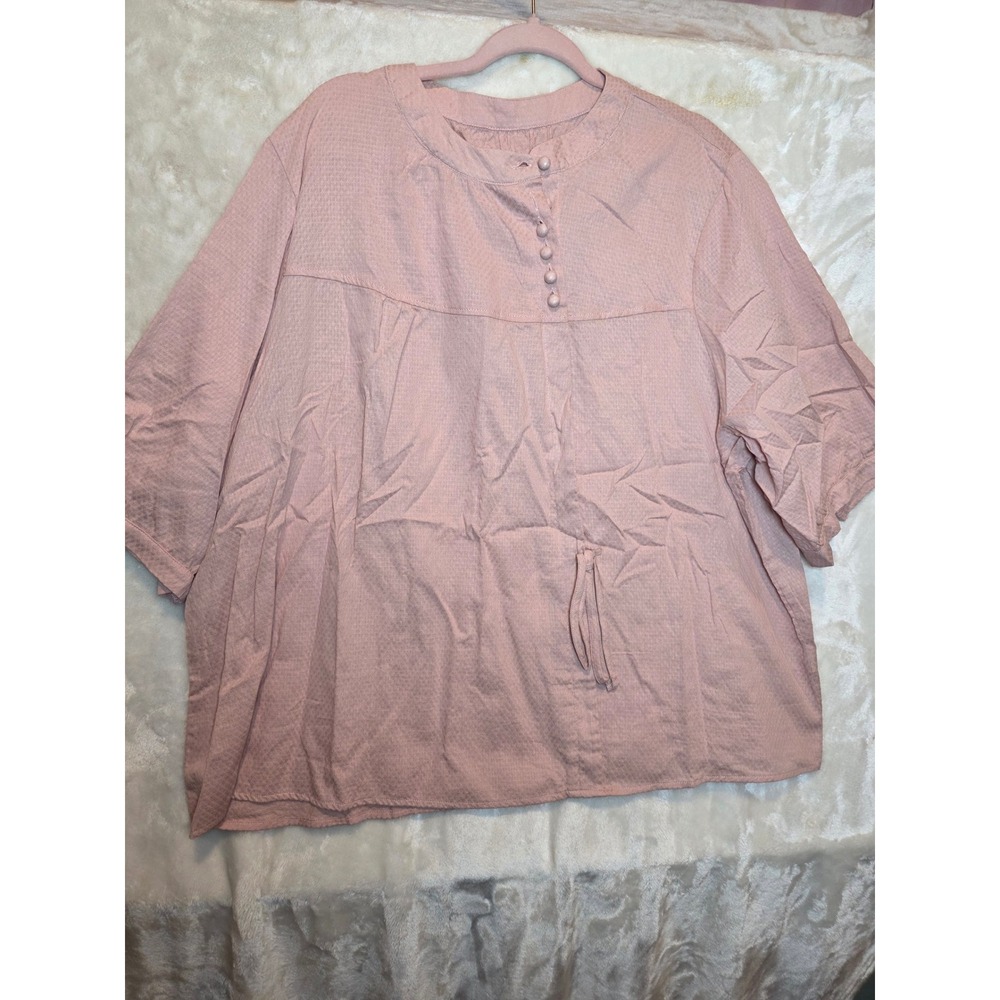 Pink Textured Short Sleeve Button Front Blouse‎ Oversized Top 5XL